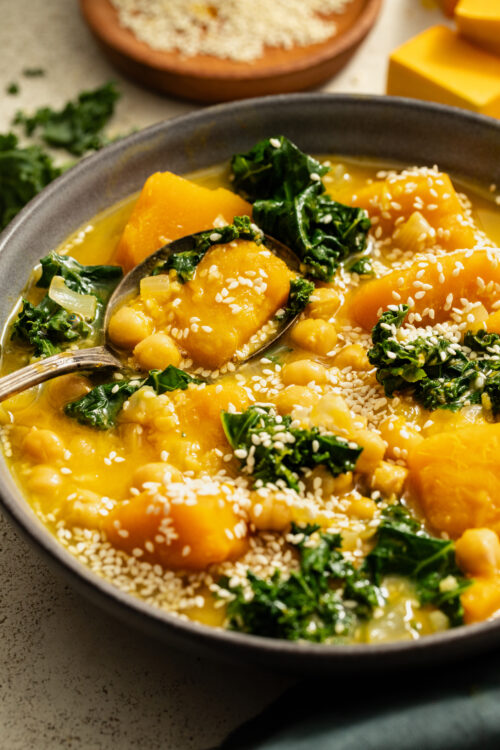 Angled view of a bowl of our 1-Pot Kabocha Chickpea Miso Soup