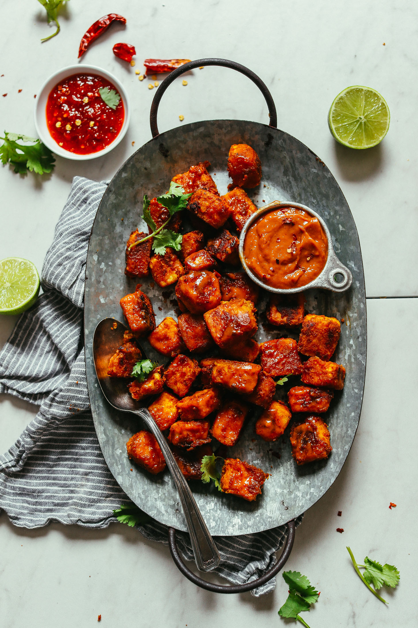 Platter of delicious baked peanut tofu