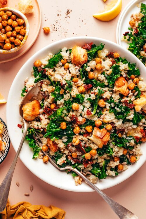 Overhead photo of a bowl of our hearty Lemon Quinoa Kale Salad with Crispy Chickpeas