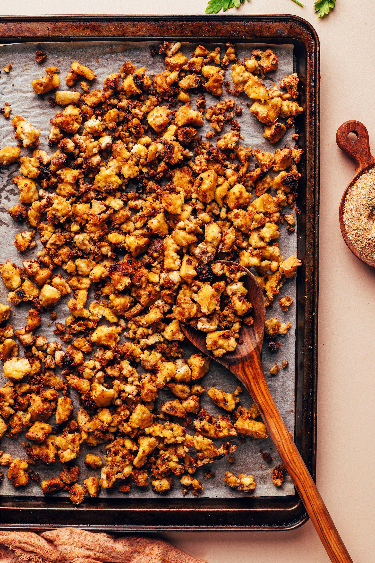 Baking sheet of roasted jerk tofu