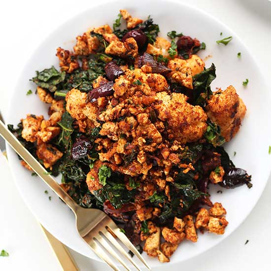 Plate of our vegan Masala-spiced Tofu Scramble for breakfast