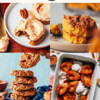 Photos of cookies, coffee cake, crisp, baked pears, and more cozy desserts for fall with text above that says hello, apples and pumpkin
