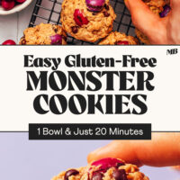 Photos of a batch of gluten-free monster cookies on a cooling rack and another of holding up a partially eaten cookie with text between the photos that says easy, 1 bowl, and just 20 minutes