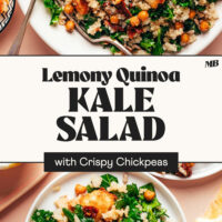 Photos of a small plate and serving bowl of our Lemony Quinoa Kale Salad topped with crispy chickpeas