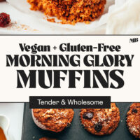 Vegan gluten-free morning glory muffins in a pan and one muffin opened to show the fluffy texture