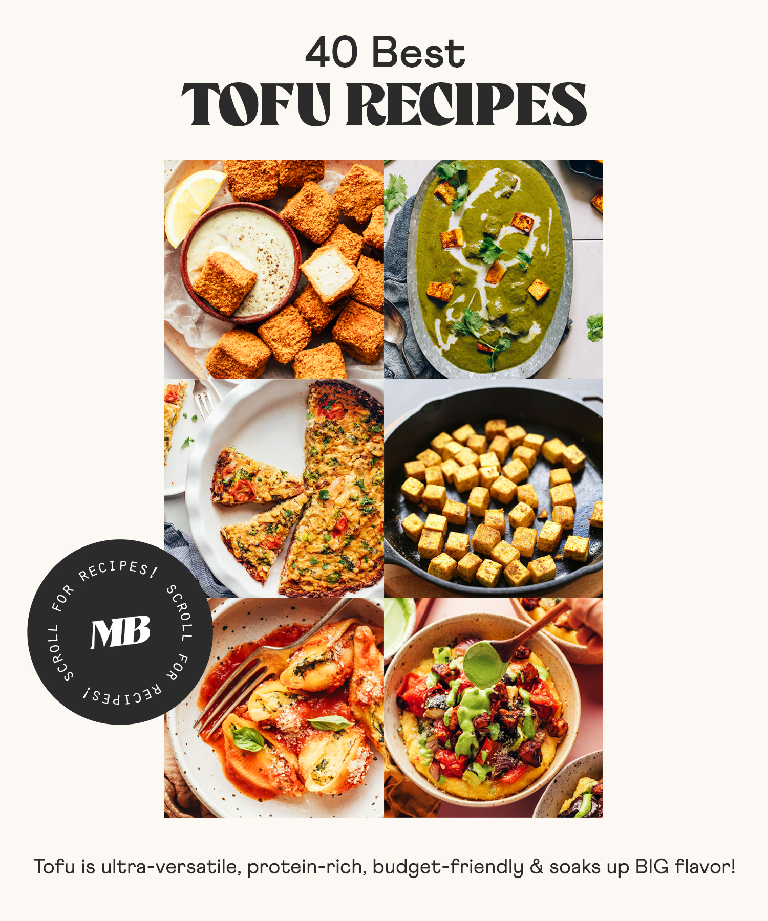 Photos of some of our 40 best tofu recipes including vegan nuggets, quiche, stuffed shells, and more