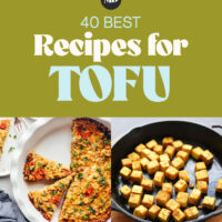 Photos of tofu nuggets, palak paneer, quiche, crispy tofu, stuffed shells, and a tofu sheet pan meal for our round-up of best tofu recipes