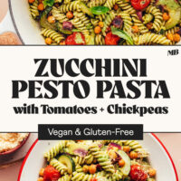 Dutch oven and bowl of our vegan and gluten-free Zucchini Pesto Pasta with Tomatoes and Chickpeas
