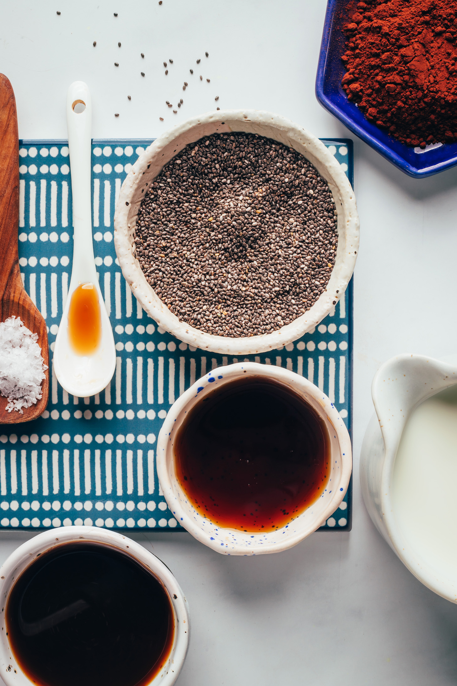 Chia seeds, cocoa powder, vanilla, sea salt, maple syrup, dairy-free milk, and coffee