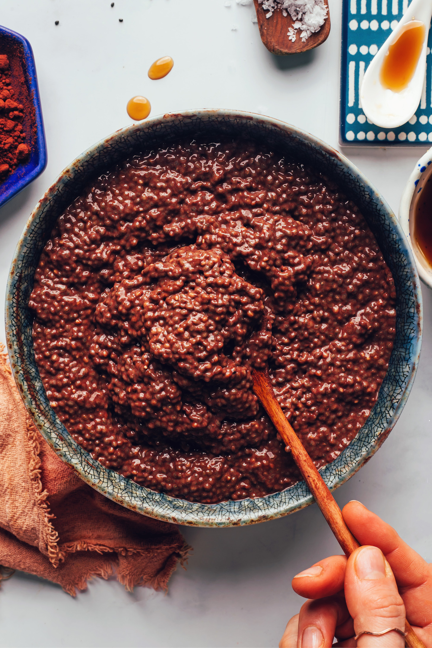 Bowl of thick, chocolaty mocha chia pudding