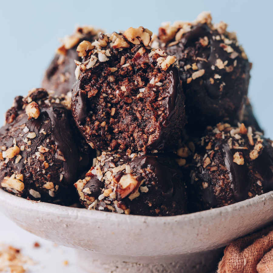 Bowl of German chocolate cake energy bites