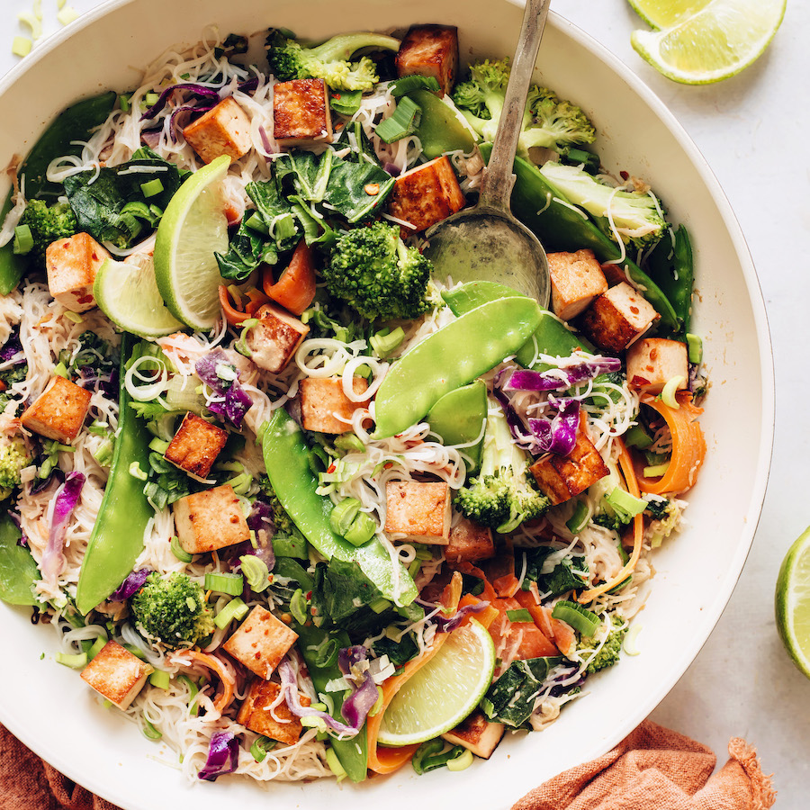 Bowl of vegan noodle stir fry with tofu