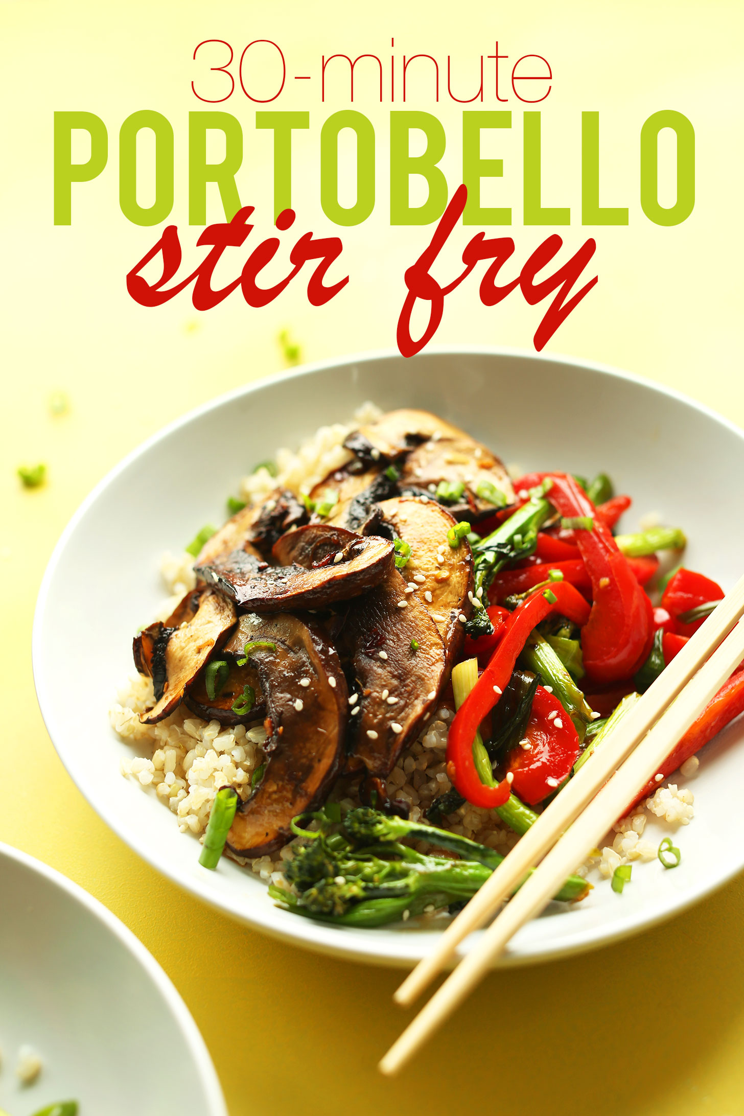 Bowl of our gluten-free vegan Portobello Mushroom Stir Fry recipe served over rice