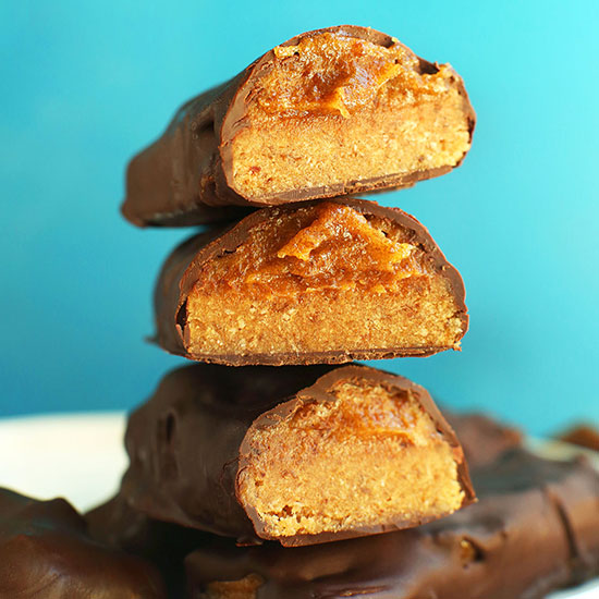 Stack of halved Vegan Milky Ways revealing the insides