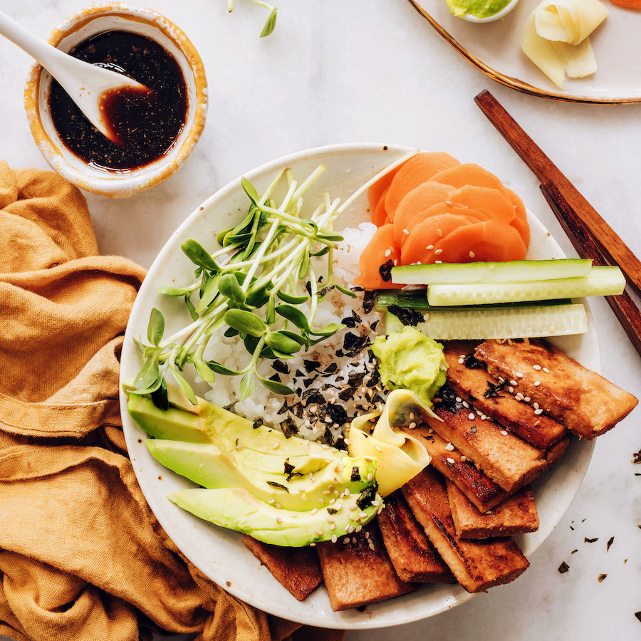 Tamari and a vegan sushi bowl with ginger marinated tofu